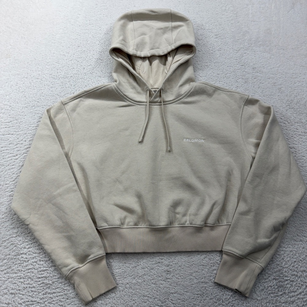 Salomon Womens Cropped Hoodie Beige Tan Cotton Blend Logo Pullover Size M